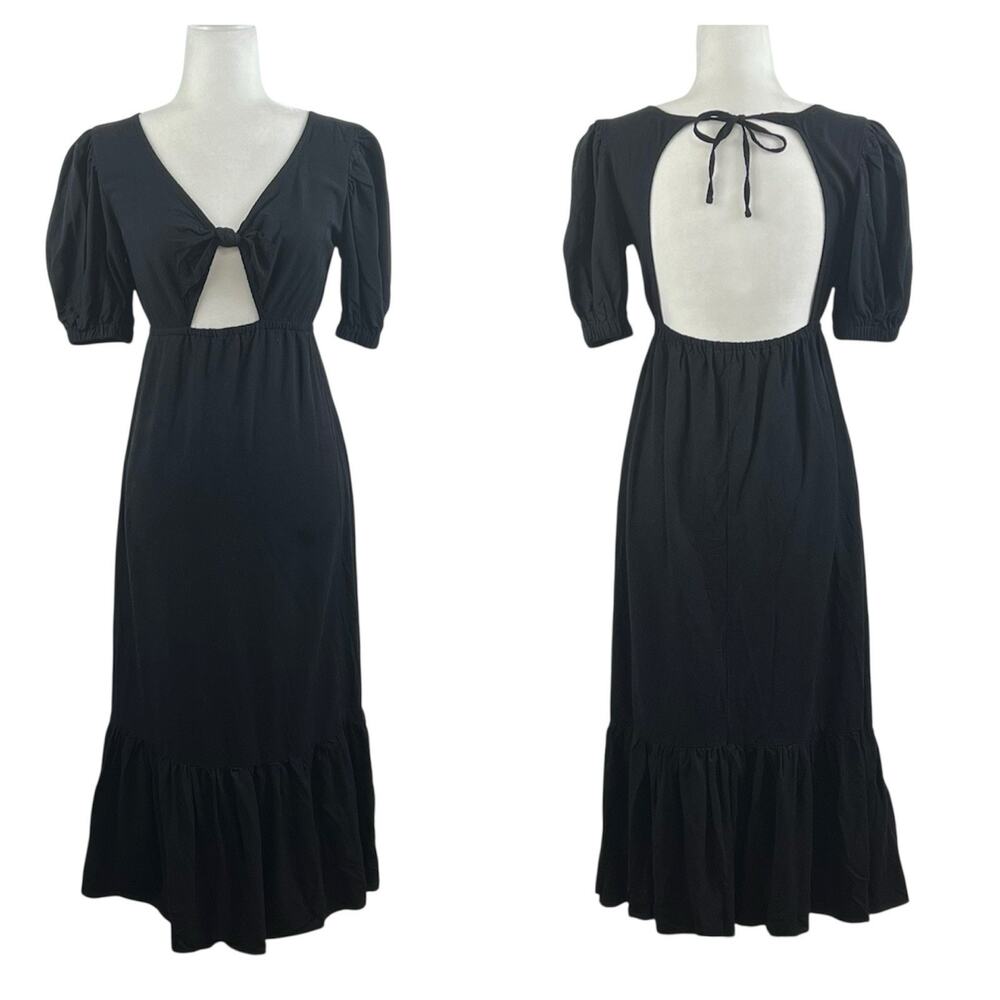 Maternity Puff Sleeve Black Cut Out Back Ruffle The Frolic Midi Dress Size 2